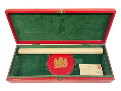Lot 110 - King George VI Letters Patent raising The Rt Hon Lord Charles Ammon PC DL JP to the Peerage in 1944. The Great Seal of George VI in green wax is appended to the illuminated vellum documen...