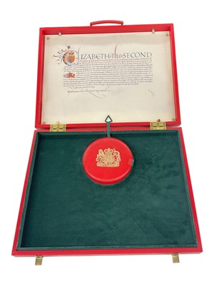 Lot 111 - Queen Elizabeth II Letters Patent raising The Rt Hon Lord Merlyn Merlyn-Rees PC to the Life Peerage in 1992 The Great Seal of Elizabeth II in green wax is affixed to the base of the illum...