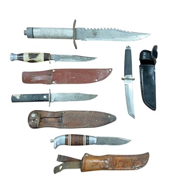 Lot 805 - Cold Steel by Ventura California, with Japanese Tanto style blade, together with a divers' type Bowie knife and others, (5).