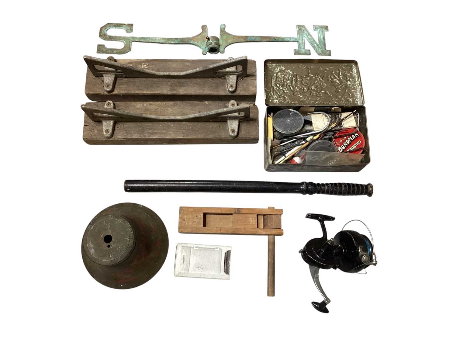 Lot 5029 - Pair of Bass brewery keg stands, together with a truncheon, bell, fishing reel and weights and rods