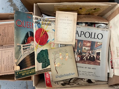 Lot 1164 - Ephemera selection including picture post 1950s, Apollo magazines 1920s, Pearson's magazines 1908 period, scrap books, theatre programmes and others (2 boxes)