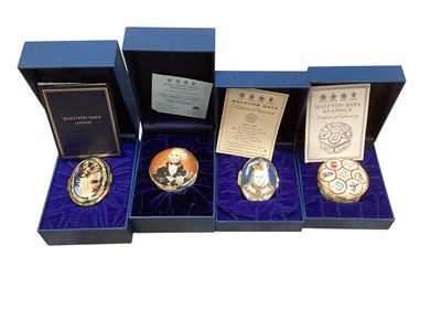 Lot 2359 - Six Halcyon Days enamel boxes, together with a limited edition Heirloom Porcelain Music Box