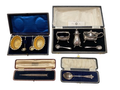 Lot 213 - Pair of Victorian silver salts with gilt interiors and two salt spoons, three piece silver cruet set (Birmingham 1964), silver teaspoon