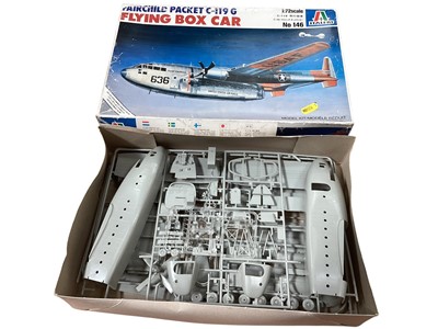 Lot 1893 - Italeri 1:72 scale model kits including Fairchild Packet C-119 G Flying Box Car, boxed 146. & Junkers JU188 ( part constructed), boxed 117, plus other model kits and empty Airfix Thunderbolt...