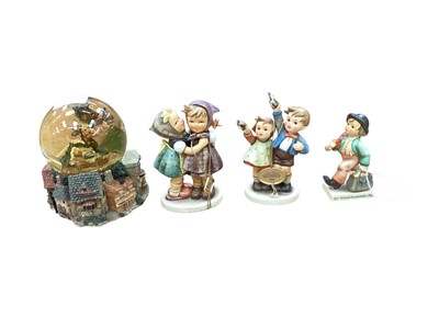 Lot 2362 - Three Goubel figures - Merry Wanderer, Auf Wiedersehen and Telling Her Secret, together with a snow globe and a novelty Winnie the Pooh & Friends animated talking lamp