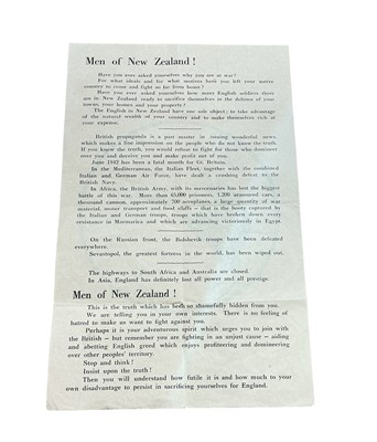 Lot 364 - Original Second World War German propaganda leaflet produced for air drop over New Zealand troops during the North African campaign, c1941–42, 30x19cms. The reverse side has a Kiwi emblem with an...