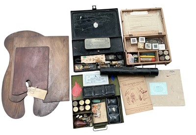 Lot 3008 - Group of artists equipment to include paint boxes, artists pallet, books and related items.
