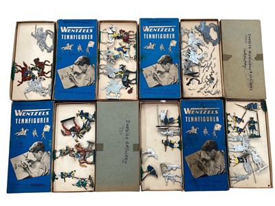 Lot 1900 - Wentzels Tennfigurer military flatware diecast soldiers including Swedish & Russian cavalry and infantry, plus Knights, Romans, Napoleonic etc. (1 box)
