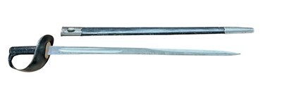Lot 817 - British 1900 Pattern Naval cutlass by Wilkinson with black painted guard and compressed leather grips, fullered spear pointed blade in steel mounted leather scabbard