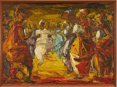 Lot 1248 - Ablade Glover (Ghanaian, b. 1934) oil on board, Tribal dance, unsigned. Provenance: A student work gifted to the current owner whilst she was a fellow student at the Central School of Art in Lon...