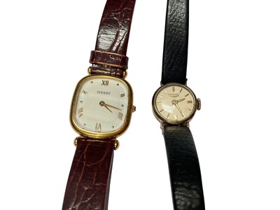 Lot 238 - Vintage Longines gold cased ladies' wristwatch on black leather strap and Tissot gold cased wristwatch on brown leather strap (2)