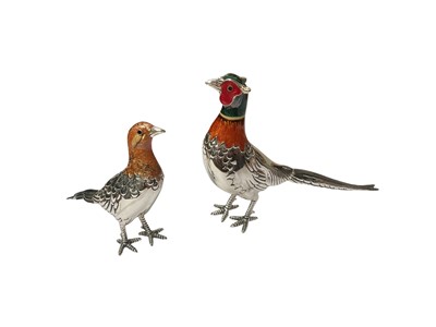 Lot 240 - Pair of contemporary silver and enamel cock and hen pheasant ornaments
