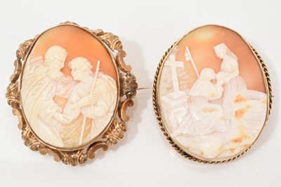 Lot 639 - Two 19th century Italian carved shell cameo depicting Moses and Elijah and another depicting a saint blessing a young lady (2)
