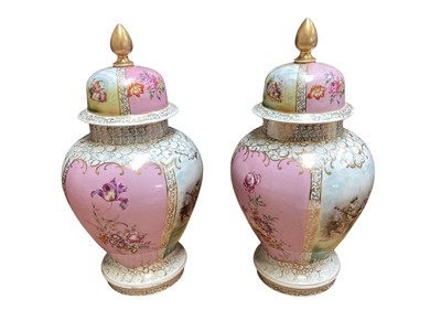 Lot 5083 - Pair of 19th century German porcelain vases and covers with figural reserves on pink and gilt ground