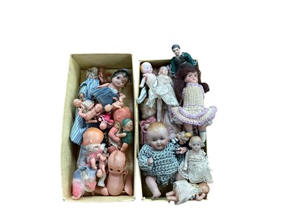 Lot 1910 - Large collection of doll house dolls, metal and wooden furniture and accessories including miniature and tiny china, bisque and plastic dolls, glassware and ceramics, a small quantity of lead fi...