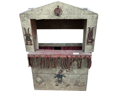 Lot 1912 - Vintage wooden puppet theatre 63cms high and 47cms plus a small wooden Punch and Judy puppet theatre with three small dressed peg dolls. Plus Swallow Toys child's table and two chairs.