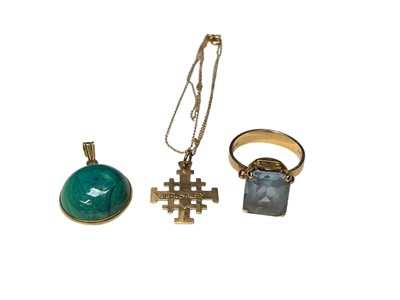 Lot 259 - 14ct gold aquamarine cocktail ring, 14ct gold Jerusalem pendant on 14ct gold chain and one other 14ct gold mounted blue stone pendant