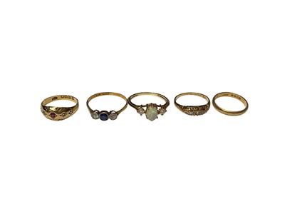 Lot 261 - Five 18ct gold rings to include antique diamond five stone ring, late Victorian ruby and diamond ring, two other gem set rings and a w...