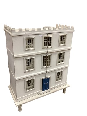 Lot 1913 - Large Georgian style doll house, 3 storey and six rooms. Wood construction with glass window panes, 100cms high, 90cms wide and 40cms deep, all approximate.