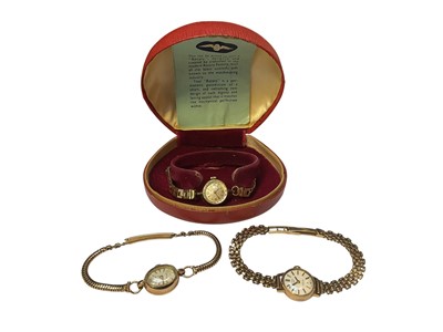 Lot 264 - Three vintage Rotary 9ct gold cased ladies' wristwatches, two on 9ct gold bracelets and one gold plated, in Rotary watch box