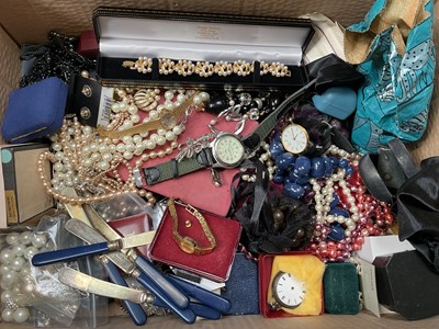 Lot 267 - Group of costume jewellery including various bead necklaces, paste set brooches and a Victorian silver cased fob watch