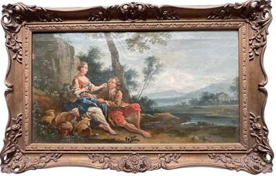 Lot 1071 - After François Boucher, 19th century oil on canvas - Romantic Couple and their Sheep, 36cm x 64cm, in gilt frame