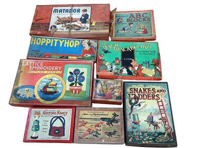 Lot 1919 - Lots of children's boxed and unboxed games and puzzles including Chad Valley Hoopla, Areo and Hydroplane construction kit, Spears Knitting Nancy, various die -cast toys, Junior typewriter, child...
