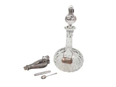 Lot 318 - Glass decanter with a silver Port label, Eastern white metal lamp, silver coffee spoon and a Victorian silver mounted penknife