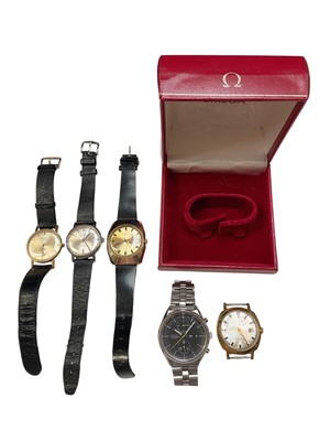 Lot 273 - Vintage wristwatches to include two Sekonda, MuDu, Romania and a Seiko Chronograph Automatic stainless steel watch, together with an Omega empty watch box