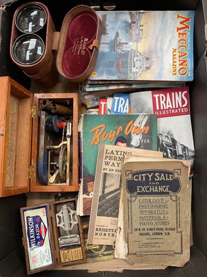 Lot 2907 - Sundry items, including a Magneto Electric Machine, binoculars, old catalogues, Meccano magazines, etc