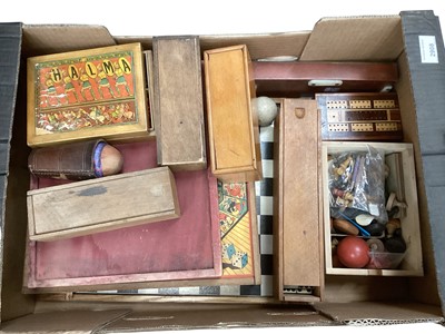 Lot 2908 - Collection of vintages games and toys, including bone counters and dominoes, marbles, puzzles, etc (2 boxes)