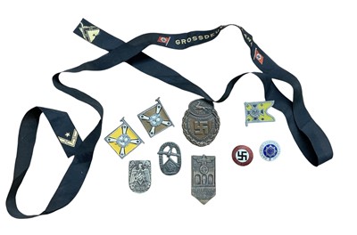 Lot 841 - Group of Nazi German badges and decorations to include N.S.D.A.P. Party members badge, 1938 Hitler Youth event badge, Luftshutz Danziger badge, RLB donation badge and others.