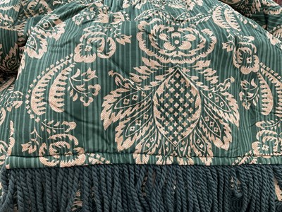 Lot 2574 - One pair of green and gold curtains, lined and interlined with pencil pleat heading & integral fringed pelmet. Width across ungathered 220cm approx., drop 270cm approx.