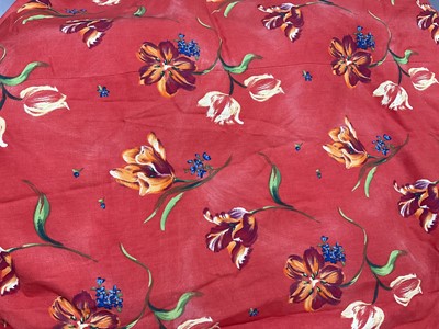 Lot 5222 - One pair of lined curtains, "Trees" by Anna French 1995, has pinch pleat heading, width across gathered top 100cm approx, drop is 125cm approx. Two other pairs lined and interlined, "Tulipa" by...