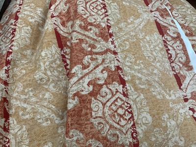 Lot 5250 - One pair of lined and interlined curtains, "Segovia" from the Sagasso Collection Monkwell 1996, pinch pleat top. Width across gathered heading 70cm approx, drop 220cm approx.