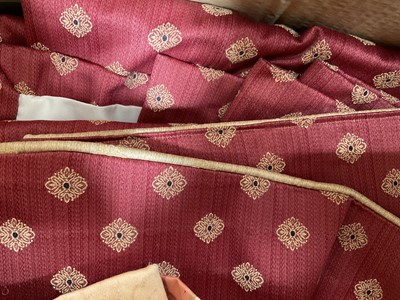 Lot 5227 - One pair of lined curtains with elephants, one pair of burgundy and gold lined curtains, one pair of lined coral curtains, one pair of lined and interlined peach curtains. (4)