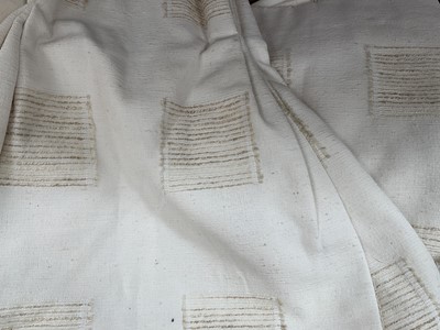 Lot 5228 - One pair of lined curtains, "Tulipa" by Nouveau Fabrics LTD MMVII, pinch pleat heading, width across gathered 120cm approx, drop 160cm approx. One pair of lined cream curtains, pinch pleat headi...