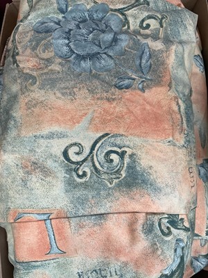 Lot 5226 - Two pairs of fawn lined and interlined curtains with floral edge, width across gathered top 60cm approx, drop 100cm approx, with pair of plaited tie-backs. One pair of green and rust curtains, w...