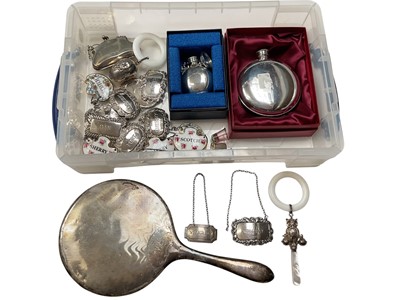 Lot 289 - Two silver spirit labels, collection of various other plated and ceramic decanter labels, silver owl child's rattle / teether, silver plated Humpty Dumpty rattle, silver backed hand mirror, two...