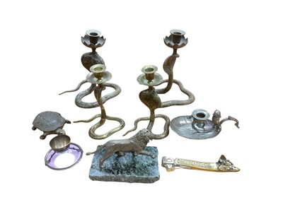 Lot 2911 - Sundry items, including a silver plated model of a lion on a marble stand, a brass cigar cutter in the form of a fox, niello snake candlesticks, etc