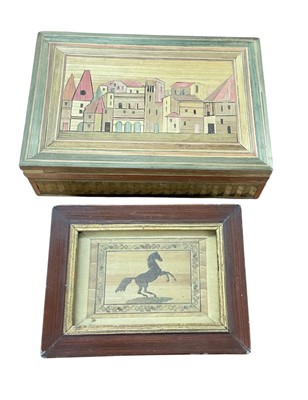 Lot 857 - French strawwork panel depicting a rearing horse (possibly Prisoner of War work) mounted in glazed frame, together with a similar strawwork work box, (2).