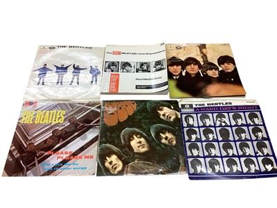 Lot 2751 - Two boxes of LP's, singles, cassettes and CD's including Beatles, Rolling Stones, Hollies, Shadows, Slade, Marianne Faithful etc, The Complete Beatles Recording Sessions book by Mark Lewisohn is...