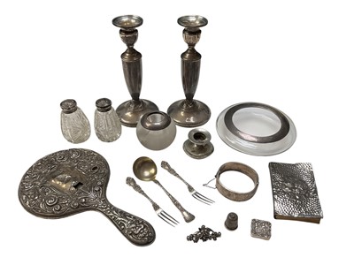 Lot 300 - Group of silver to include pair of sterling candlesticks, bangle, flatware, silver mounted glass vesta globe (cracked), dish and pair of pepperettes etc