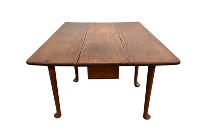 Lot 1403 - George II / III mahogany drop-flap table of narrow proportions, on cabriole legs and pad feet, 119 x 90cm when extended