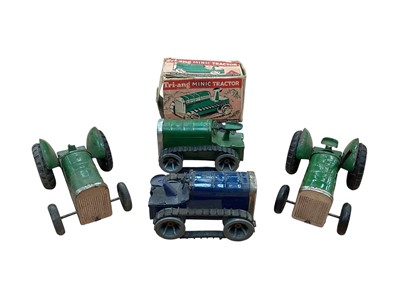 Lot 1936 - Mimic clockwork tin plate farm vehicles, jeeps and commercial vans, plus, two Louis Marx & Co Streamline Speedway Racing Cars (1 box)