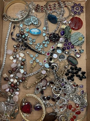 Lot 312 - Collection of silver and white metal gem-set jewellery to include necklaces, pendants, bracelets, bangles and earrings