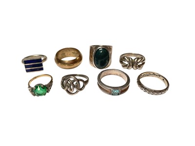 Lot 319 - 9ct gold and silver green stone dress ring, other silver / white metal rings and a brass wedding band (8)
