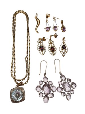 Lot 174 - 9ct gold and gem-set pendant on a 9ct gold chain, three pairs of gold and gems set earrings and pendants