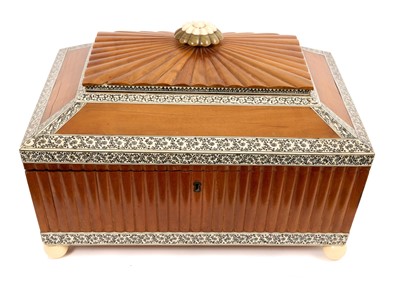 Lot 902 - A fine Regency Anglo Indian Vizagapatam sandalwood, bone and ivory sewing box. The hinged lid surmounted by an ivory lotus blossom finial, enclosing a detachable tray with fitted compartments, c...