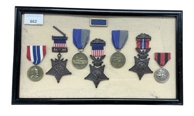 Lot 862 - Group of replica American Civil War medals / decorations, mounted in a glazed frame.